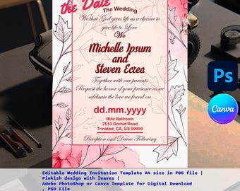 Pink Floral Wedding Invitation Template: Editable A4 Design (PSD File, Digital Download)