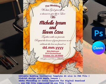 Pink Maple Leaf Wedding Invitation Template: Editable A4 Design (PSD File, Digital Download)