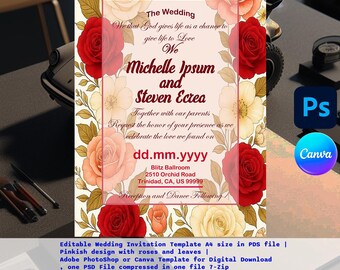 Editable Wedding Invitation Template: Pink Roses & Leaves Design (PSD File, Digital Download A4 Size)