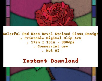 Red Rose Stained Glass Design - Printable Clip Art (Digital Download)