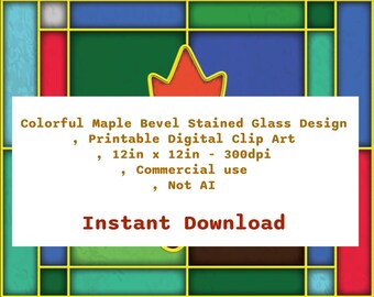 Maple Leaf Stained Glass Clip Art: 12x12in Printable Design (PNG, 300dpi, Commercial Use)