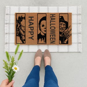Horror Characters Doormat – Happy Halloween Coir Rug – Scary Movie Killer Mat – Creepy Entryway Decor – Spooky Porch Welcome Mat