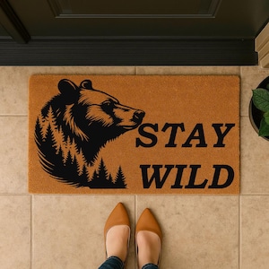 Stay Wild Bear Doormat – Rustic Coir Entry Mat with Forest Silhouette – Lodge Cabin Decor, Nature Lover Gift, Outdoor Adventure Welcome Rug