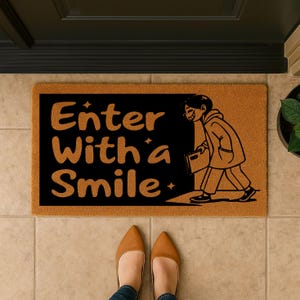 Enter With a Smile Doormat – Funny Welcome Mat for Entryway, Coir Rug with Cartoon Design, Unique Front Door Decor Gift Idea