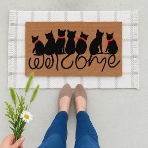 Capacho de entrada com silhueta de gato de boas-vindas – Tapete de entrada fofo para gatinhos – Capacho para amantes de gatos pretos – Decoração estilosa para varanda – Ideia única para presente de inauguração de casa