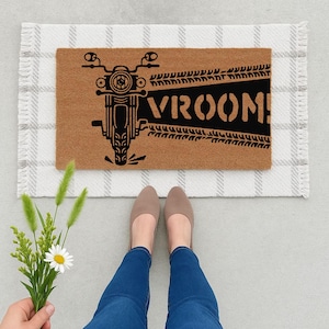 Biker Welcome Mat – Motorcycle Vroom Doormat – Cool Entryway Rug for Motorcycle Lovers – Garage Decor – Unique Housewarming Gift