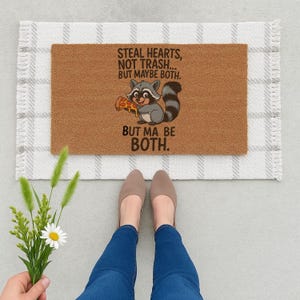 Steal Hearts Not Trash Raccoon Coir Welcome Mat, Cute Pizza-Loving Rug for Entryway, Quirky Gift for Animal Lovers & Fun Personalities