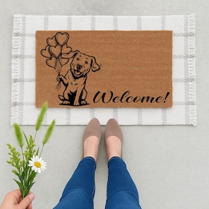 Cute Dog Welcome Doormat - Puppy with Heart Balloons Entry Mat - Pet Lover Gift - Funny Animal Door Rug - Dog Owner Porch Decor Mat