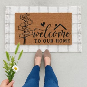 Personalized Family Welcome Doormat - Custom Street Sign Rug with Names - Housewarming Gift - Entryway Decor - Welcome to Our Home Mat