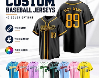 May include: Custom baseball jerseys featuring a black base with yellow trim, buttons, and text. The front displays Addname and 89, while the back shows Your Name and 89. The image includes text options for name, number, and 42 color variations.