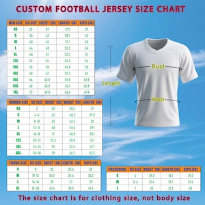 May include: White football jersey with a V-neck, shown with a size chart. The chart provides measurements in inches for men, women, young sizes, and preschool sizes, including chest, length, and hips.