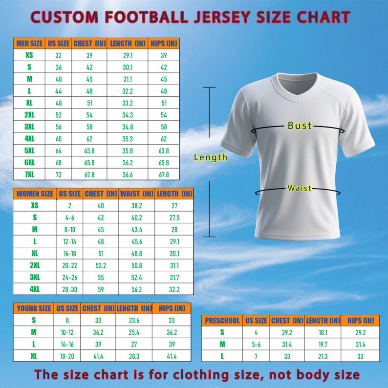 May include: White football jersey with a V-neck, shown with a size chart. The chart provides measurements in inches for men, women, young sizes, and preschool sizes, including chest, length, and hips.