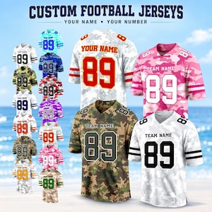 May include: A collection of custom football jerseys featuring various camouflage patterns and solid colours. Each jersey displays the number 89 on the front and sleeves, with placeholders for team names or personal names. The text CUSTOM FOOTBALL JERSEYS YOUR NAME YOUR NUMBER is printed at the top.