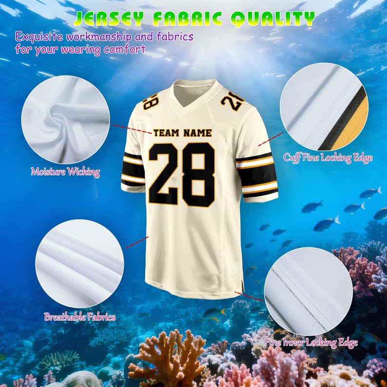 May include: Cream-coloured football jersey with black and gold accents. The jersey features the number 28 in large black numerals, with the number 21 on the right shoulder. The text "TEAM NAME" is above the number 28. The image also highlights the jersey's moisture-wicking and breathable fabric.