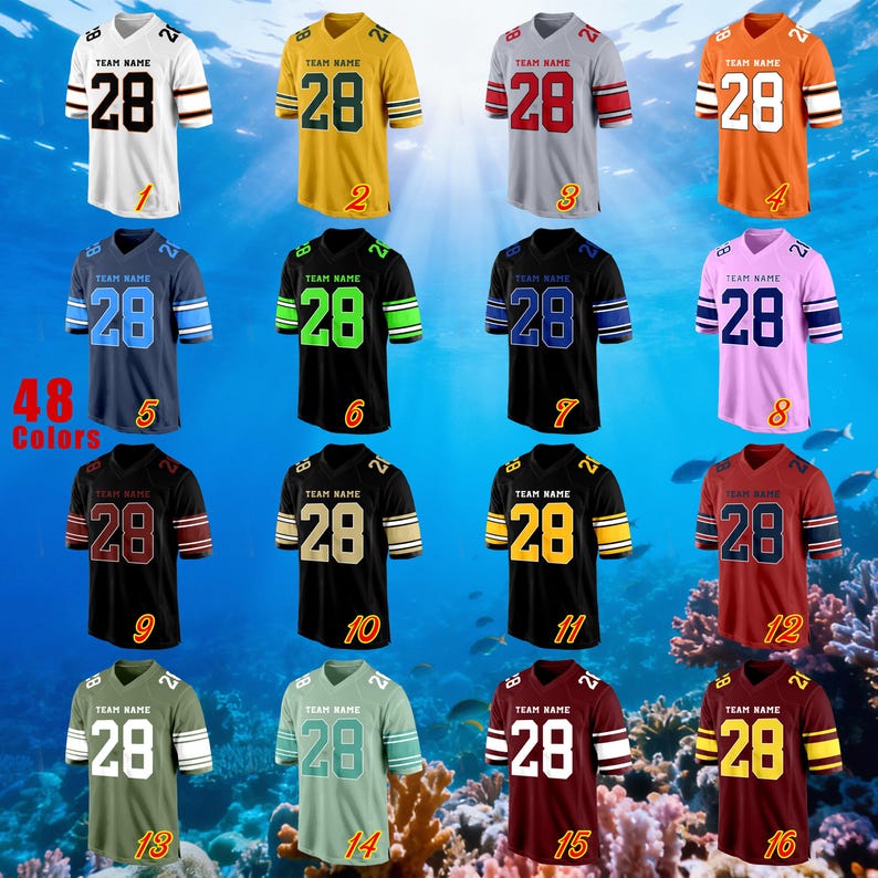 May include: Sixteen football jerseys in a variety of colours, including white, yellow, grey, orange, navy, black, pink, and maroon. Each jersey displays the number "28" and the text "TEAM NAME". The image also displays the text "48 Colors".