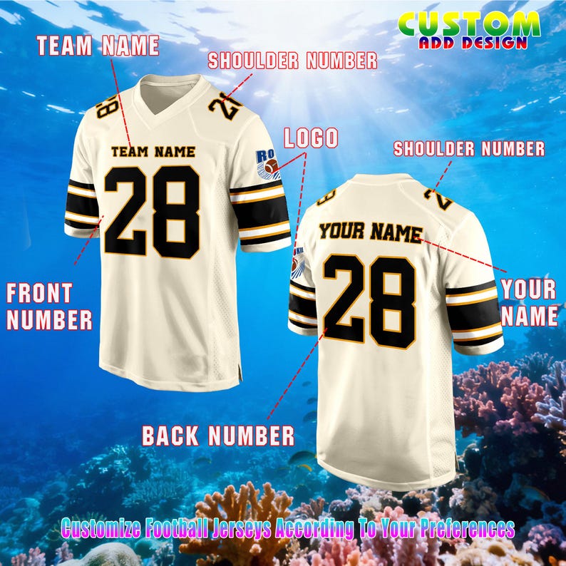May include: Two cream-coloured football jerseys with black and gold accents. The front jersey displays the number "28" and the text "TEAM NAME". The back jersey shows the number "28" and "YOUR NAME". The image includes the text "Customize Football Jerseys According To Your Preferences".