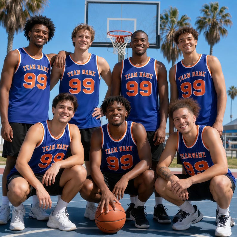 May include: A group of seven basketball players wearing matching blue jerseys with orange trim, the text TEAM NAME, and the number 99 in orange. The players are on an outdoor court with a basketball hoop and palm trees in the background.