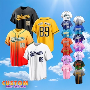 May include: A collection of baseball jerseys in various colors, including black, yellow, white, and orange. Each jersey features a custom name and the number 89. The image also includes the text "CUSTOM ADD DESIGN".