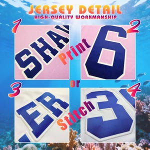May include: Close-up images showcasing jersey details. The text reads "JERSEY DETAIL" and "HIGH-QUALITY WORKMANSHIP". The images display printed or stitched lettering and numbers in blue on pink and white fabric. The numbers are 6 and 31, and the names are "SHA" and "ER".