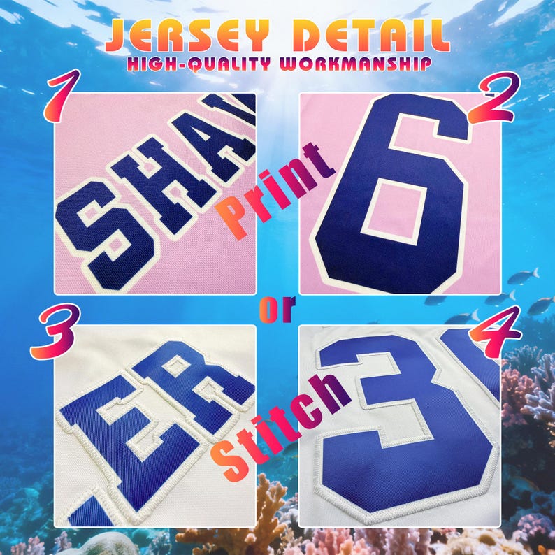 May include: Close-up images showcasing jersey details. The text reads "JERSEY DETAIL" and "HIGH-QUALITY WORKMANSHIP". The images display printed or stitched lettering and numbers in blue on pink and white fabric. The numbers are 6 and 31, and the names are "SHA" and "ER".