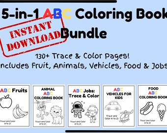 Pode incluir: Gráfico azul claro com um pacote de livros de colorir ABC 5 em 1. O pacote inclui livros de colorir para frutas, animais, veículos, alimentos e empregos. O texto diz "Pacote de download instantâneo" e "Mais de 130 páginas para traçar e colorir!"
