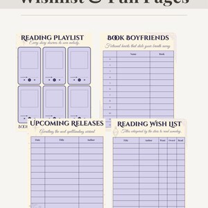 Pode incluir: P&aacute;ginas de planejador imprim&iacute;veis com uma est&eacute;tica vintage. As p&aacute;ginas incluem se&ccedil;&otilde;es para uma lista de reprodu&ccedil;&atilde;o de leitura, "book boyfriends", pr&oacute;ximos lan&ccedil;amentos e uma lista de desejos de leitura. O texto "Wishlist & Fun Pages" est&aacute; no topo.