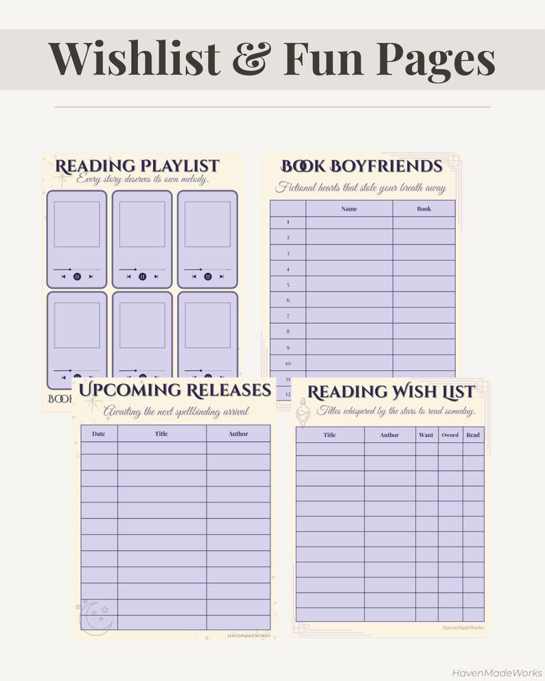 Pode incluir: P&aacute;ginas de planejador imprim&iacute;veis com uma est&eacute;tica vintage. As p&aacute;ginas incluem se&ccedil;&otilde;es para uma lista de reprodu&ccedil;&atilde;o de leitura, "book boyfriends", pr&oacute;ximos lan&ccedil;amentos e uma lista de desejos de leitura. O texto "Wishlist & Fun Pages" est&aacute; no topo.