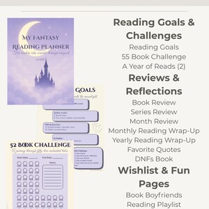 Pode incluir: Um planejador de leitura de fantasia com uma capa roxa com um castelo e um design de lua. O planejador inclui se&ccedil;&otilde;es para metas de leitura, resenhas, reflex&otilde;es e um desafio de 52 livros. O texto inclui "What's Included" e "My Fantasy Reading Planner."
