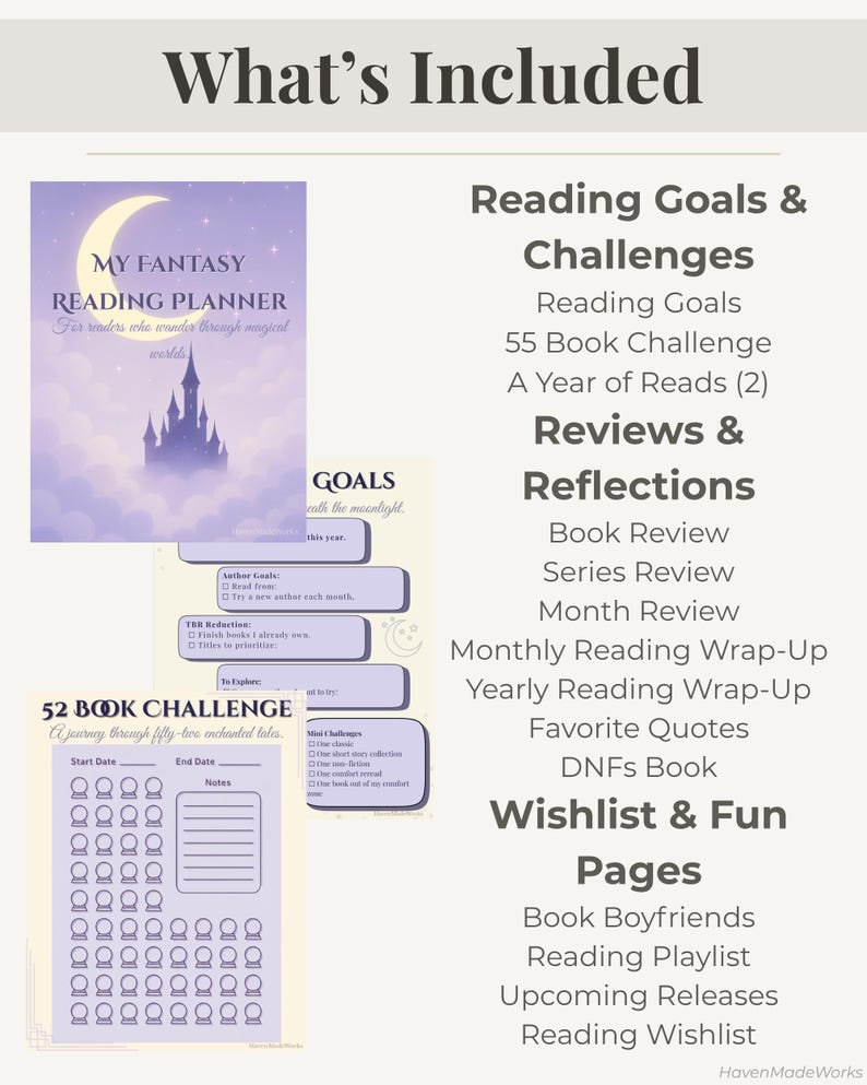 Pode incluir: Um planejador de leitura de fantasia com uma capa roxa com um castelo e um design de lua. O planejador inclui se&ccedil;&otilde;es para metas de leitura, resenhas, reflex&otilde;es e um desafio de 52 livros. O texto inclui "What's Included" e "My Fantasy Reading Planner."