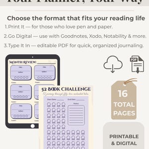 Pode incluir: Um planejador digital com o texto "Your Planner, Your Way". A imagem inclui um tablet com um modelo de revis&atilde;o mensal, um modelo de desafio de 52 livros e uma etiqueta que diz "16 Total Pages". O planejador &eacute; imprim&iacute;vel e digital.