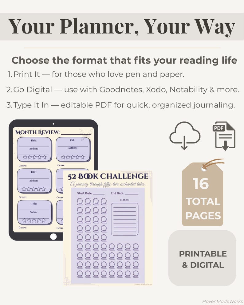 Pode incluir: Um planejador digital com o texto "Your Planner, Your Way". A imagem inclui um tablet com um modelo de revis&atilde;o mensal, um modelo de desafio de 52 livros e uma etiqueta que diz "16 Total Pages". O planejador &eacute; imprim&iacute;vel e digital.