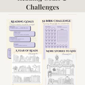 Pode incluir: Um conjunto de folhas imprim&iacute;veis de metas e desafios de leitura. As folhas incluem instru&ccedil;&otilde;es para definir metas de leitura, um desafio de 52 livros e rastreadores com tema de estante. O texto inclui "Reading Goals & Challenges".