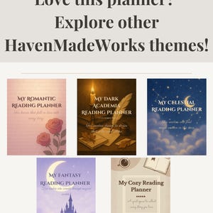 Pode incluir: An&uacute;ncio de planejadores de leitura HavenMadeWorks. A imagem mostra cinco temas de planejadores: Rom&acirc;ntico, Dark Academia, Celestial, Fantasia e Aconchegante. Cada capa de planejador apresenta ilustra&ccedil;&otilde;es e texto exclusivos.