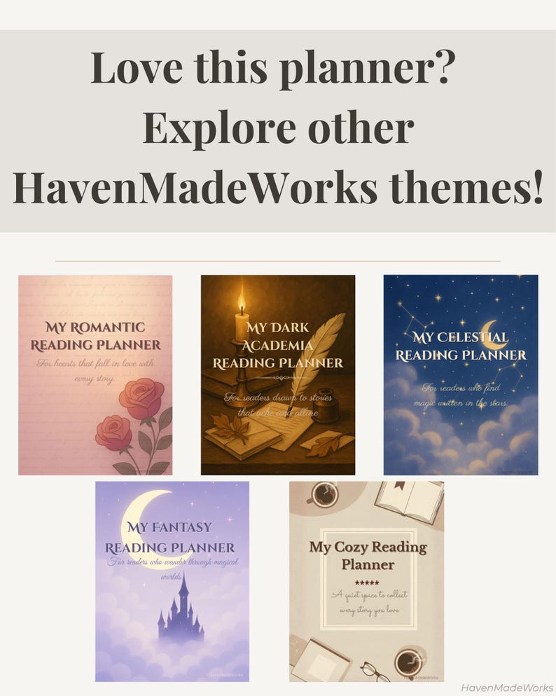 Pode incluir: An&uacute;ncio de planejadores de leitura HavenMadeWorks. A imagem mostra cinco temas de planejadores: Rom&acirc;ntico, Dark Academia, Celestial, Fantasia e Aconchegante. Cada capa de planejador apresenta ilustra&ccedil;&otilde;es e texto exclusivos.