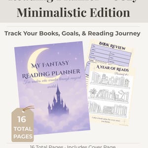 Pode incluir: Um planejador de leitura imprim&iacute;vel com uma capa roxa com a silhueta de um castelo e uma lua crescente. O planejador inclui p&aacute;ginas de resenhas de livros e um rastreador de estantes. O texto diz "Reading Planner - Cozy Minimalistic Edition."