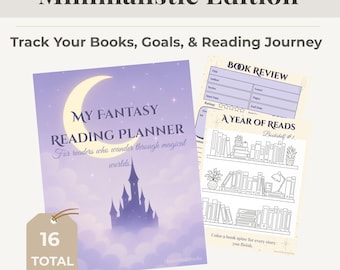 May include: A printable reading planner with a purple cover featuring a castle silhouette and a crescent moon. The planner includes book review pages and a bookshelf tracker. The text reads "Reading Planner - Cozy Minimalistic Edition."