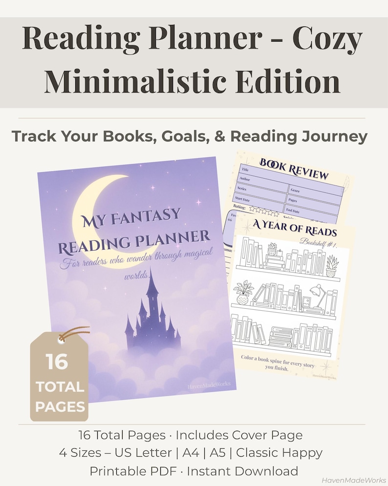 Pode incluir: Um planejador de leitura imprim&iacute;vel com uma capa roxa com a silhueta de um castelo e uma lua crescente. O planejador inclui p&aacute;ginas de resenhas de livros e um rastreador de estantes. O texto diz "Reading Planner - Cozy Minimalistic Edition."