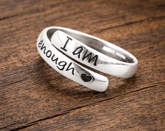 Sterling Silver "I Am Enough" Wrap Ring, Minimalist Affirmation Jewelry