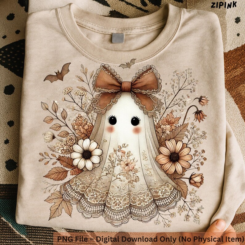 May include: Beige sweatshirt featuring a whimsical ghost design with a brown bow, floral accents, and lace details. The ghost has large black eyes and rosy cheeks. The text "ZIPINK" is visible in the upper right corner. The bottom of the shirt reads "PNG File - Digital Download Only (No Physical Item)".