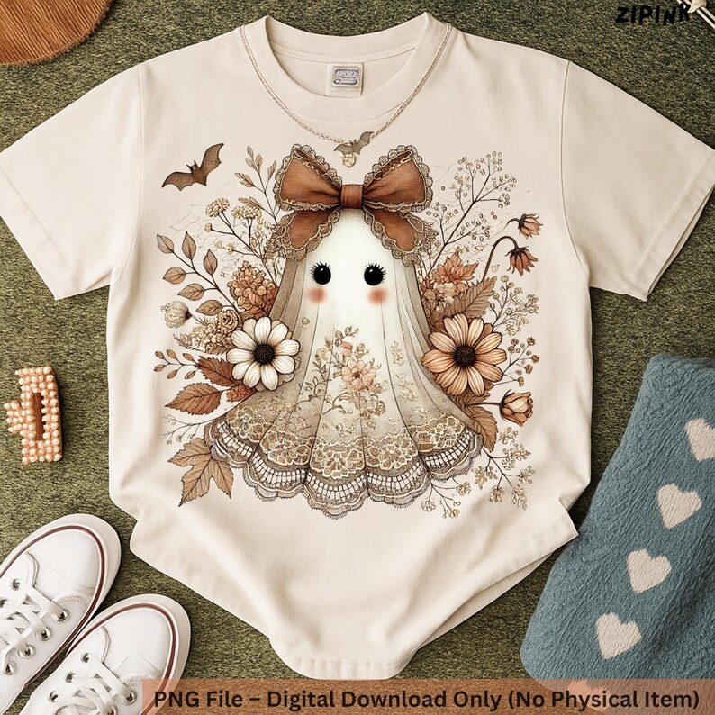 May include: Cream-colored t-shirt featuring a whimsical ghost design. The ghost is adorned with a brown bow, floral accents, and a lace-trimmed veil. A bat and floral elements surround the ghost. The text "ZIPINK" is visible at the top right.