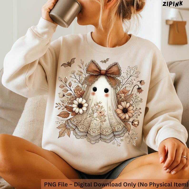 May include: Cream-colored sweatshirt featuring a whimsical ghost design. The ghost is adorned with a brown bow, floral accents, and a lace-trimmed veil. The design includes bats and flowers in shades of brown and beige. The text "ZIPINK" is visible in the upper right corner.