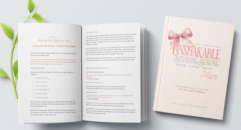 Pu&ograve; includere: Un libro aperto con testo e un libro chiuso con il titolo "Unshakable Standing Strong When Life Gets Messy" e un fiocco rosa. Il libro aperto ha il titolo del capitolo "Who Do You Think You Are?" e testo.
