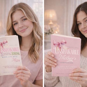 Pu&ograve; includere: Due donne tengono in mano dei libri. Uno &egrave; intitolato "Unshakable Standing Strong", l'altro "Unshakable Mother's Companion". I libri hanno copertine rosa e crema con un disegno a fiocco. Lo sfondo &egrave; morbido e con illuminazione calda.