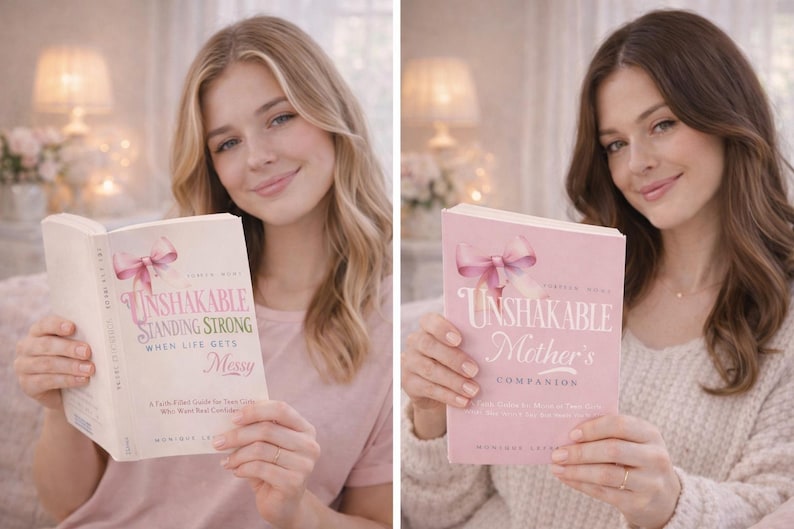Pu&ograve; includere: Due donne tengono in mano dei libri. Uno &egrave; intitolato "Unshakable Standing Strong", l'altro "Unshakable Mother's Companion". I libri hanno copertine rosa e crema con un disegno a fiocco. Lo sfondo &egrave; morbido e con illuminazione calda.