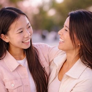 Pu&ograve; includere: Due persone sorridenti, una con lunghi capelli scuri e una giacca rosa, l'altra con capelli scuri e una giacca color crema. Si abbracciano e si guardano, con uno sfondo sfocato di alberi e luce solare.