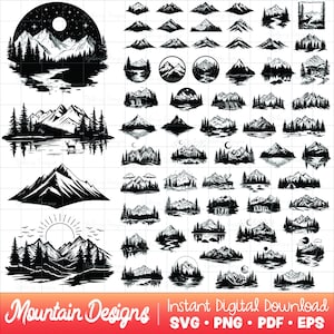 Berg SVG-paket, berg PNGs, natur utomhus camping clipart soluppgång solnedgång måne sol stjärnor moln sjö skog tallar sommar rådjur bild 1