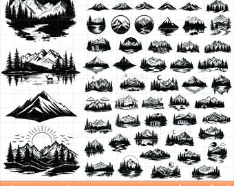 Berg SVG-bundel, berg PNG's, natuur buiten Camping clipart zonsopgang zonsondergang maan zon sterren wolken meer bos pijnbomen zomer herten