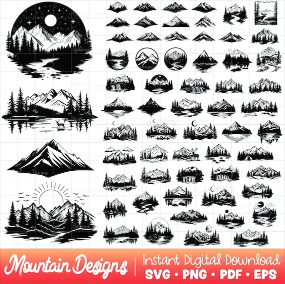 Mountain SVG Bundle, Mountain PNGs, Nature Outdoors Camping Clipart Sunrise Sunset Moon Sun Stars Clouds Lake Forest Pine Trees Summer Deer