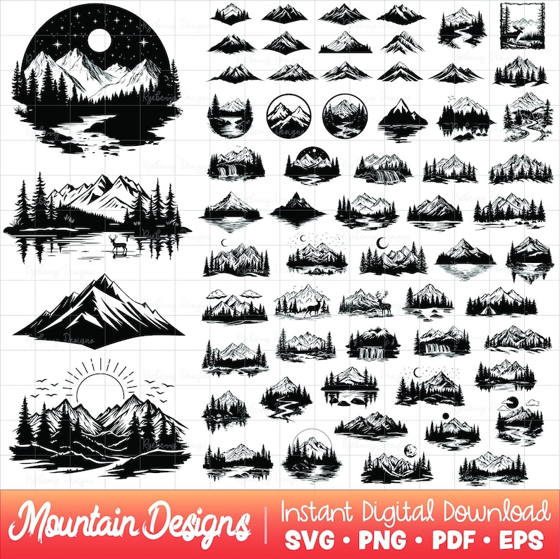 Berg SVG-paket, berg PNGs, natur utomhus camping clipart soluppgång solnedgång måne sol stjärnor moln sjö skog tallar sommar rådjur bild 1