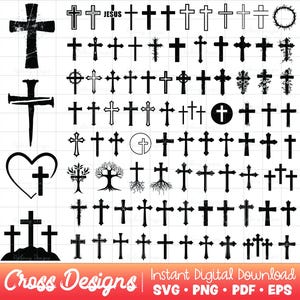 May include: A collection of black cross designs in various styles, including crosses with the word "JESUS", crosses with a heart, and crosses with a tree. The image also includes the text "Cross Designs" and "Instant Digital Download".